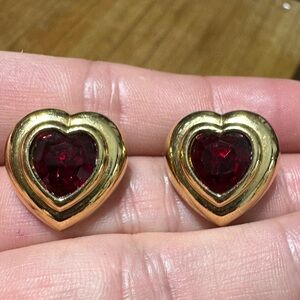 Vintage Gold Tone Red Rhinestone Heart Earrings